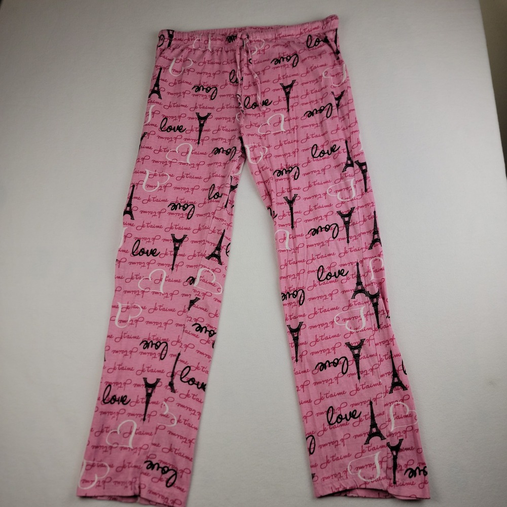 Just Love Pink Eiffel Tower Je t'aime Pajama Pants Women Large 6324 Cotton